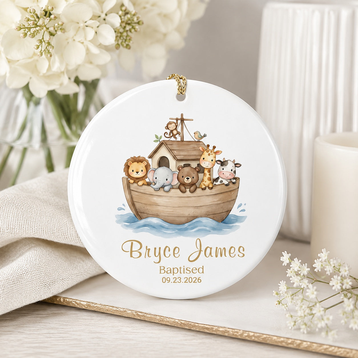 Personalized Noah's Ark Baptism Ceramic Ornament, Custom Baby Baptism Keepsake, Christian Christening Gift, Name & Date Nursery Decor CRMO13