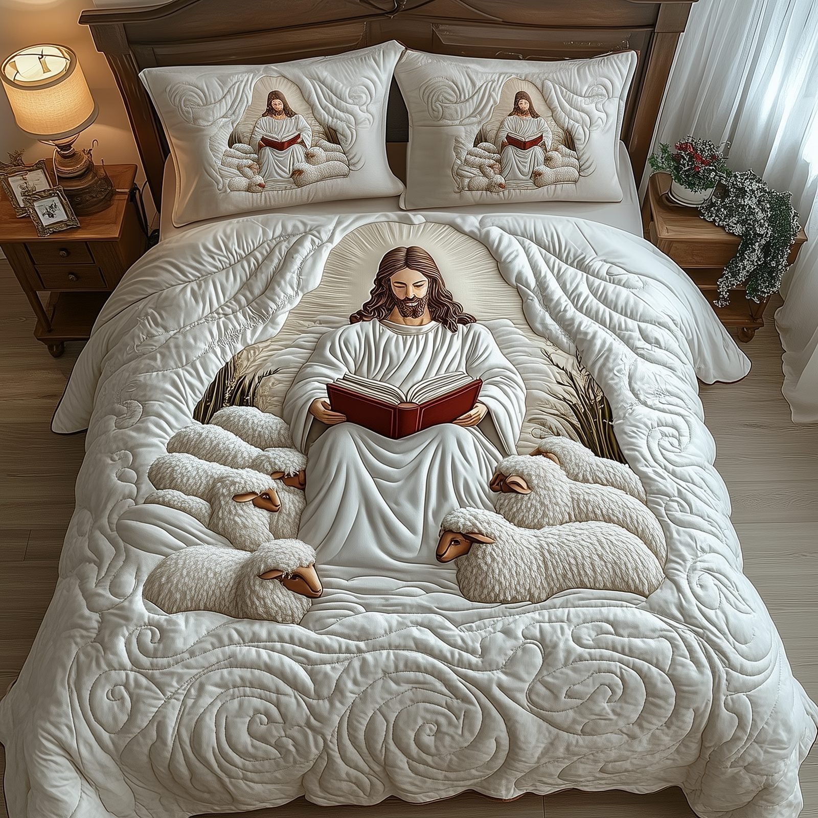 Jesus Walking on Water Quilted Bedding Set, Blue and Gold Ocean Print, Personalized Christian Blanket and Pillowcases LAFBED14