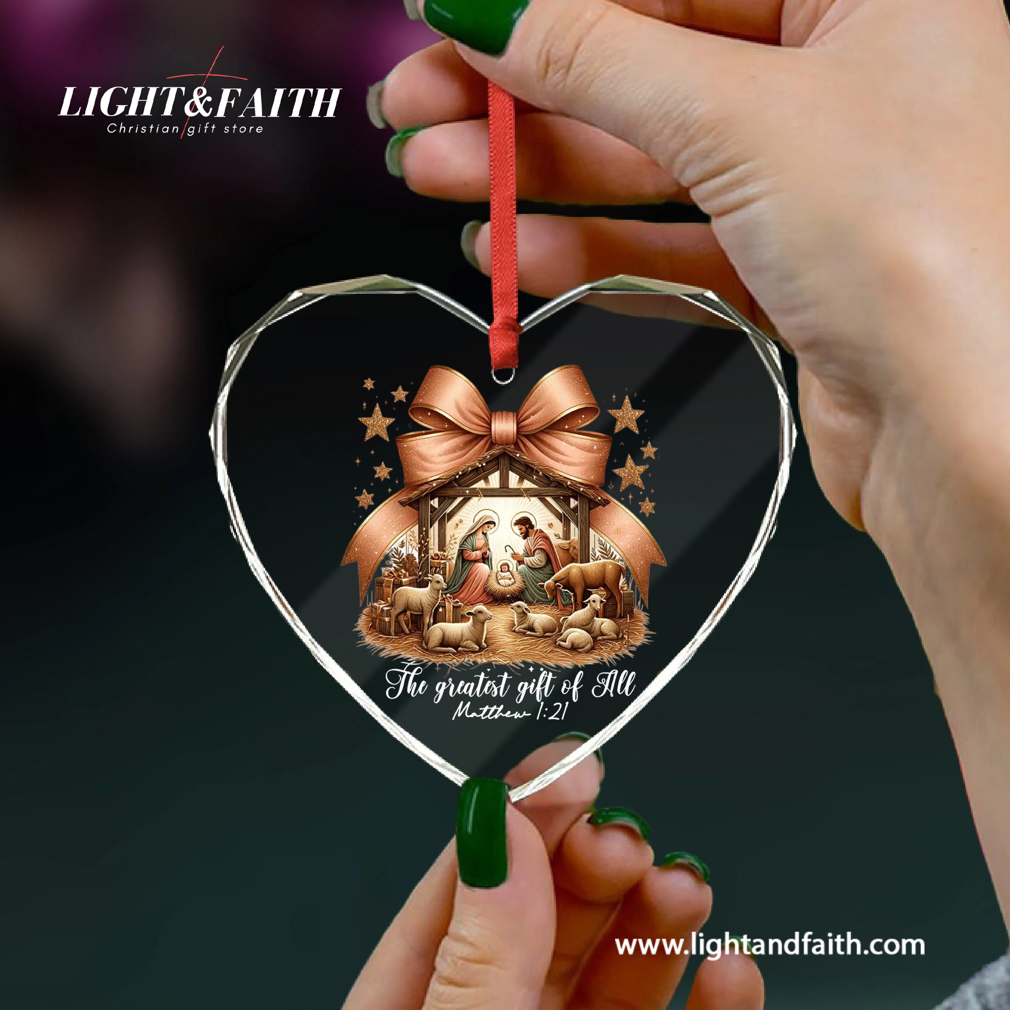 The Greatest Gift of All Gold Bow Ornament, Matthew 1:21 Nativity Scene Ornament, Holy Family Christmas Decor, Christian Faith Gift, Religious Tree Decoration DCLAF61