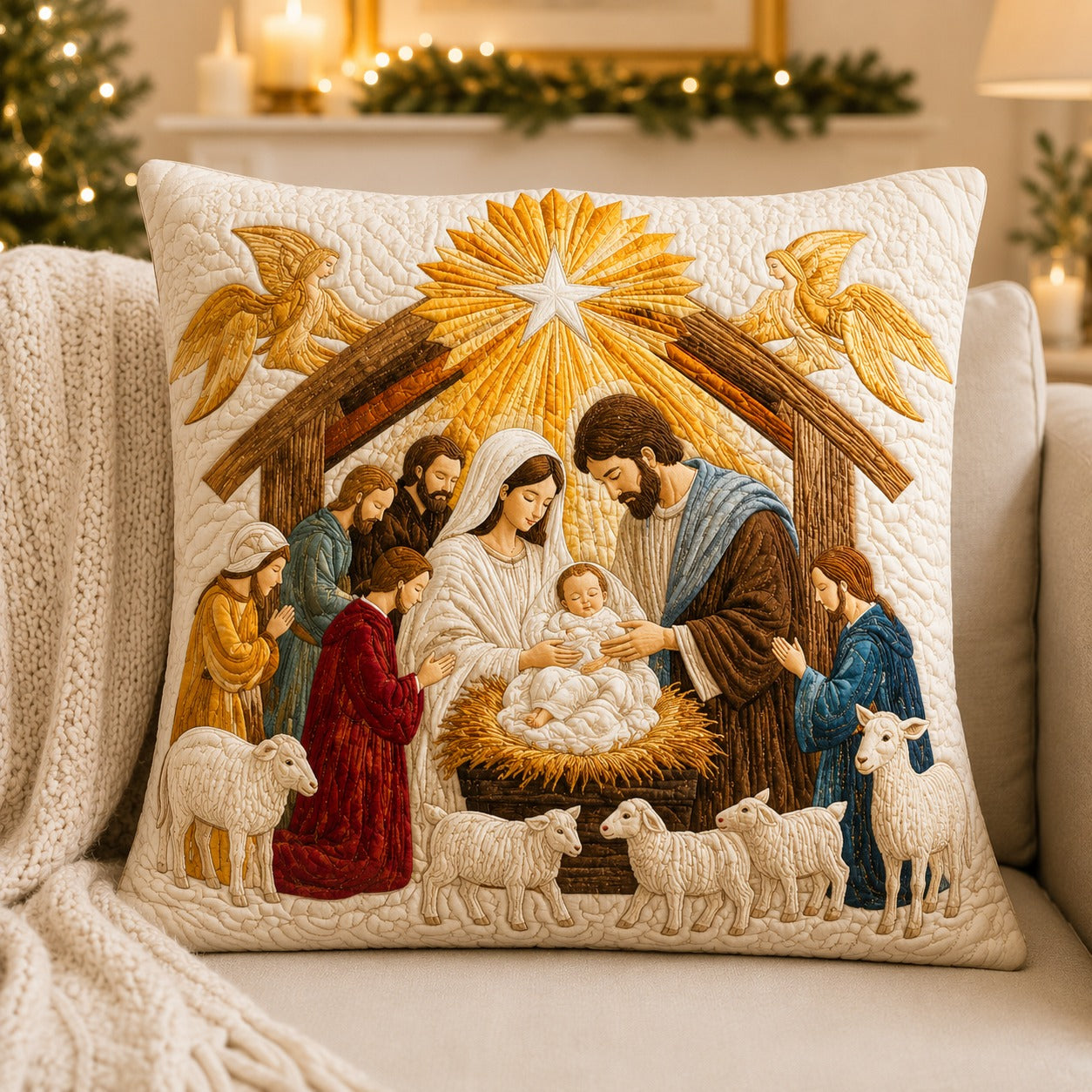 Holy Family Nativity Quilted Pillow Case, Jesus Mary Joseph Christmas Pillow Cover, Christian Religious Holiday Decor QPILLOW12