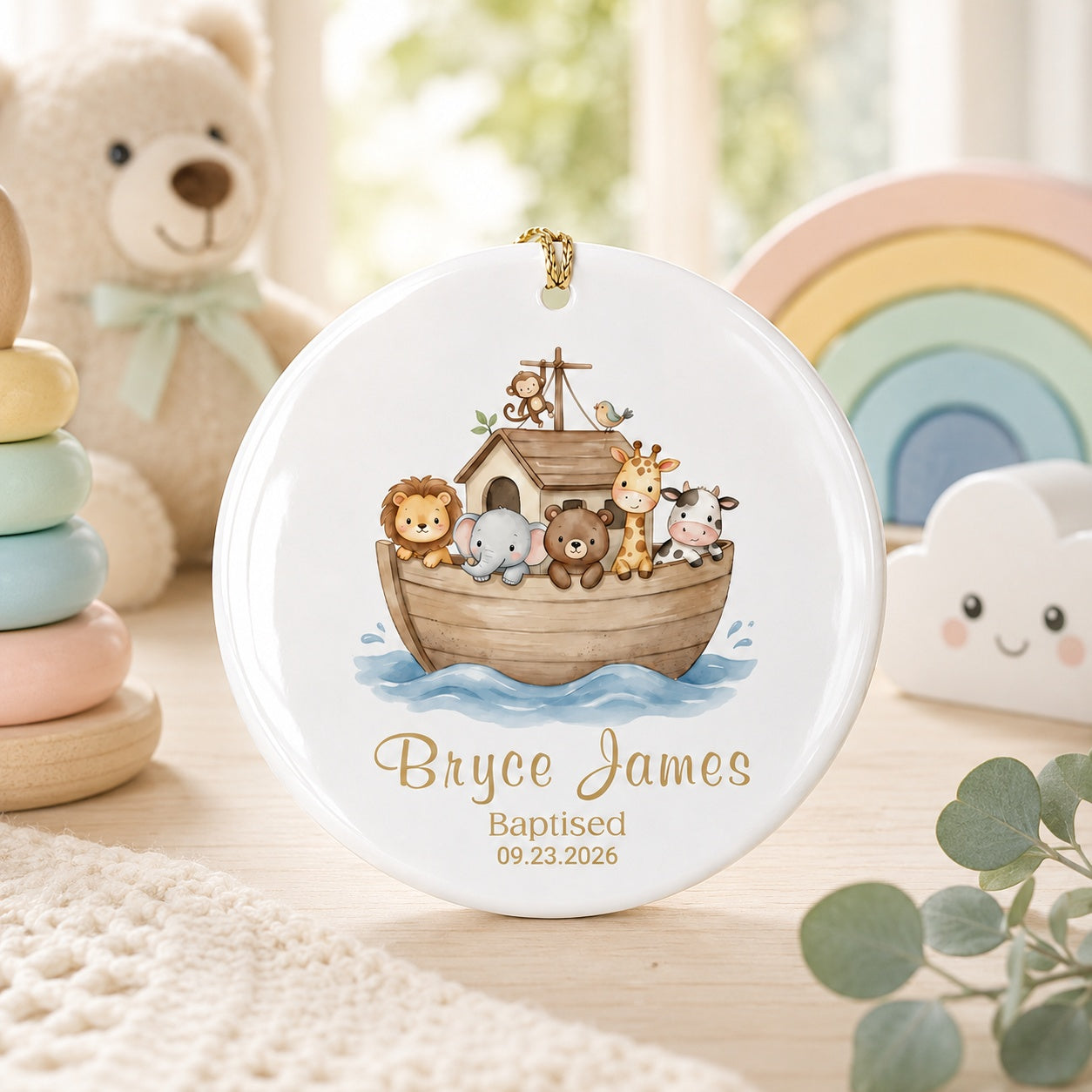 Personalized Noah's Ark Baptism Ceramic Ornament, Custom Baby Baptism Keepsake, Christian Christening Gift, Name & Date Nursery Decor CRMO13