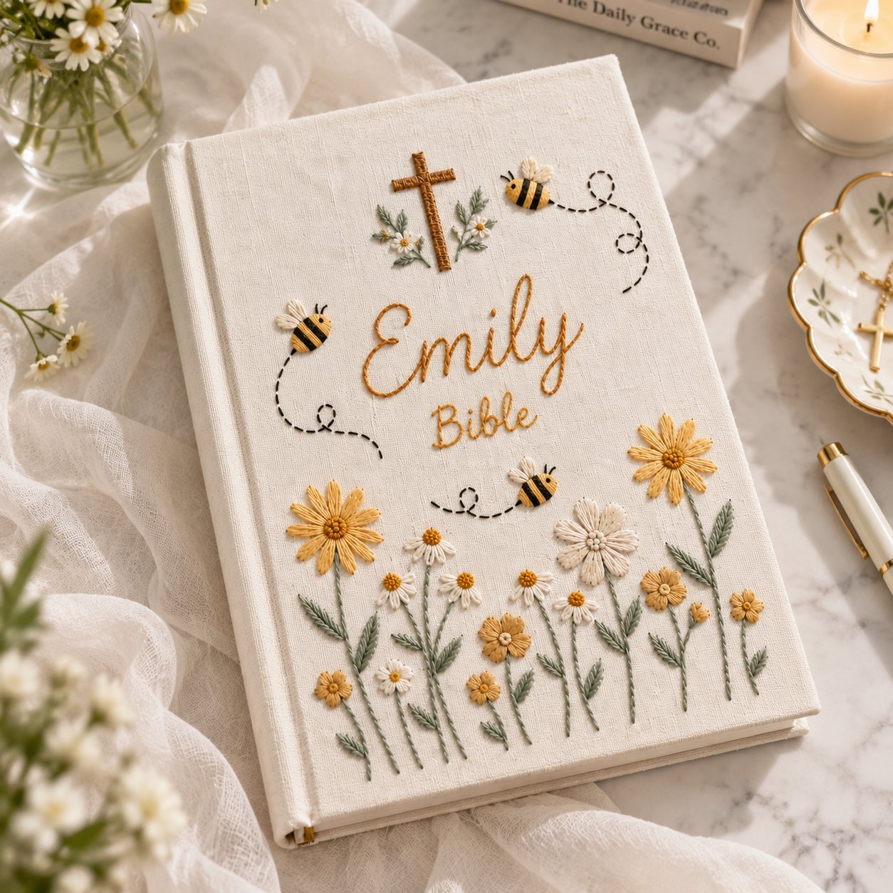 Personalized Bee Hand-Embroidery Bible Journal, Floral Linen Notebook, Custom Name Christian Journal, Handmade Prayer Notebook, Scripture Gift NB15