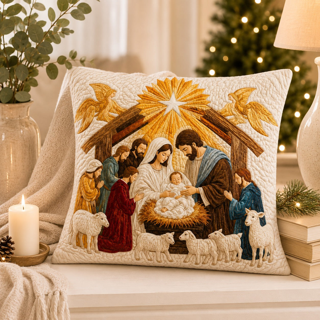 Holy Family Nativity Quilted Pillow Case, Jesus Mary Joseph Christmas Pillow Cover, Christian Religious Holiday Decor QPILLOW12