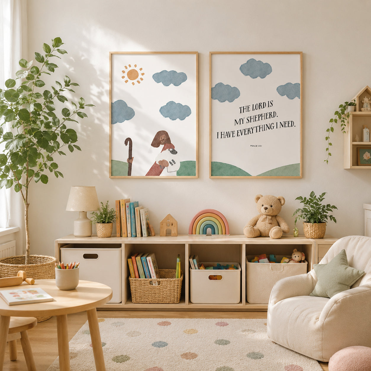 Christian Wall Art Set of 2, Jesus Good Shepherd and Psalm 23:1 Posters, The Lord Is My Shepherd Prints, Faith-Based Home Decor PTSET08