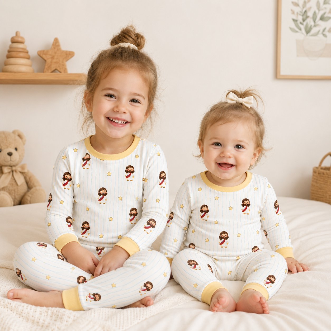 Jesus and Stars Bamboo Baby Kids Pajamas Set, Christian Toddler PJs, Religious Sleepwear, Faith Based Gift for Kids BBPJSS11