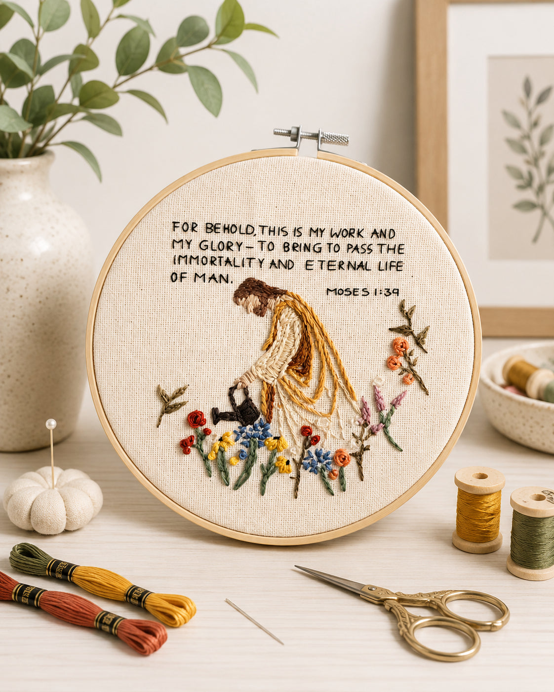 Moses 1:39 Scripture Embroidery Hoop Art, Handmade Jesus Watering Flowers Wall Decor, Christian Faith Gift, Religious Needlework Hoop EH09