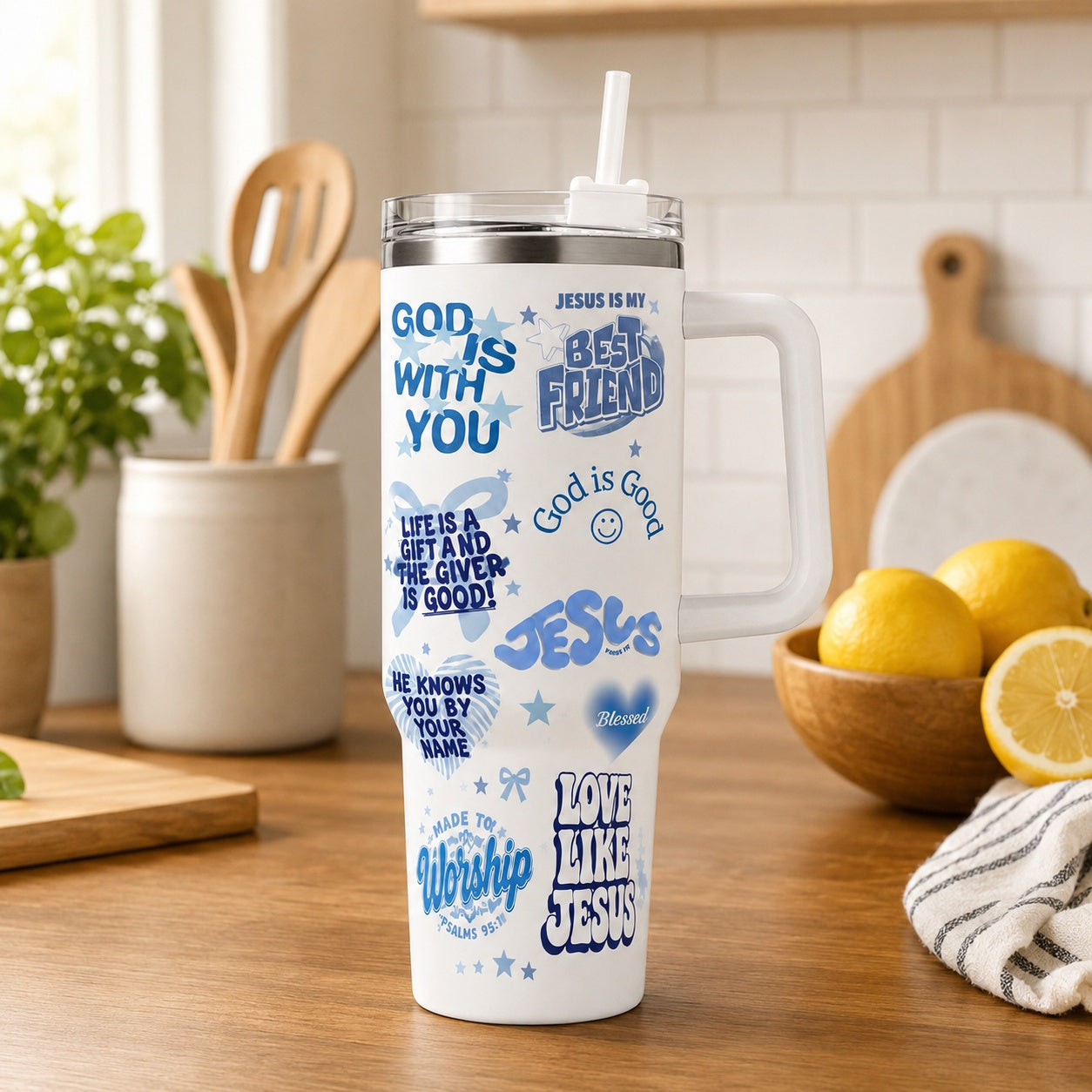Love Like Jesus 30oz/40oz Stainless Steel Tumbler with Handle, Bible Verse Travel Mug, Beach Style Tumbler, Insulated Mug with Straw, Christian Gift TUMB13