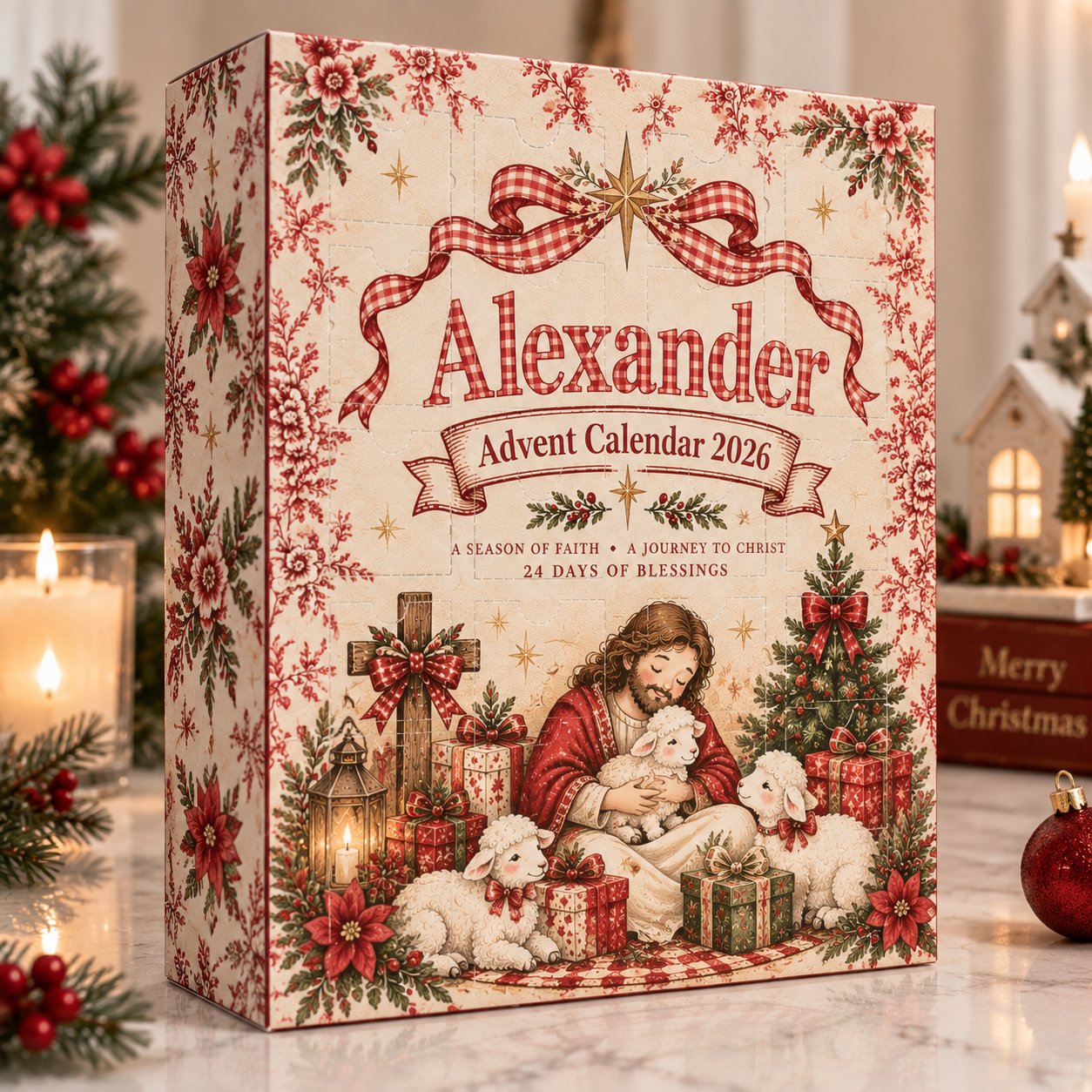 Personalized Gingham Christian Advent Calendar 2026, Jesus Family Christmas Advent Calendar, Faith Based Holiday Countdown, 24 Days Christmas Tradition, Religious Gift for Kids Family ACG13
