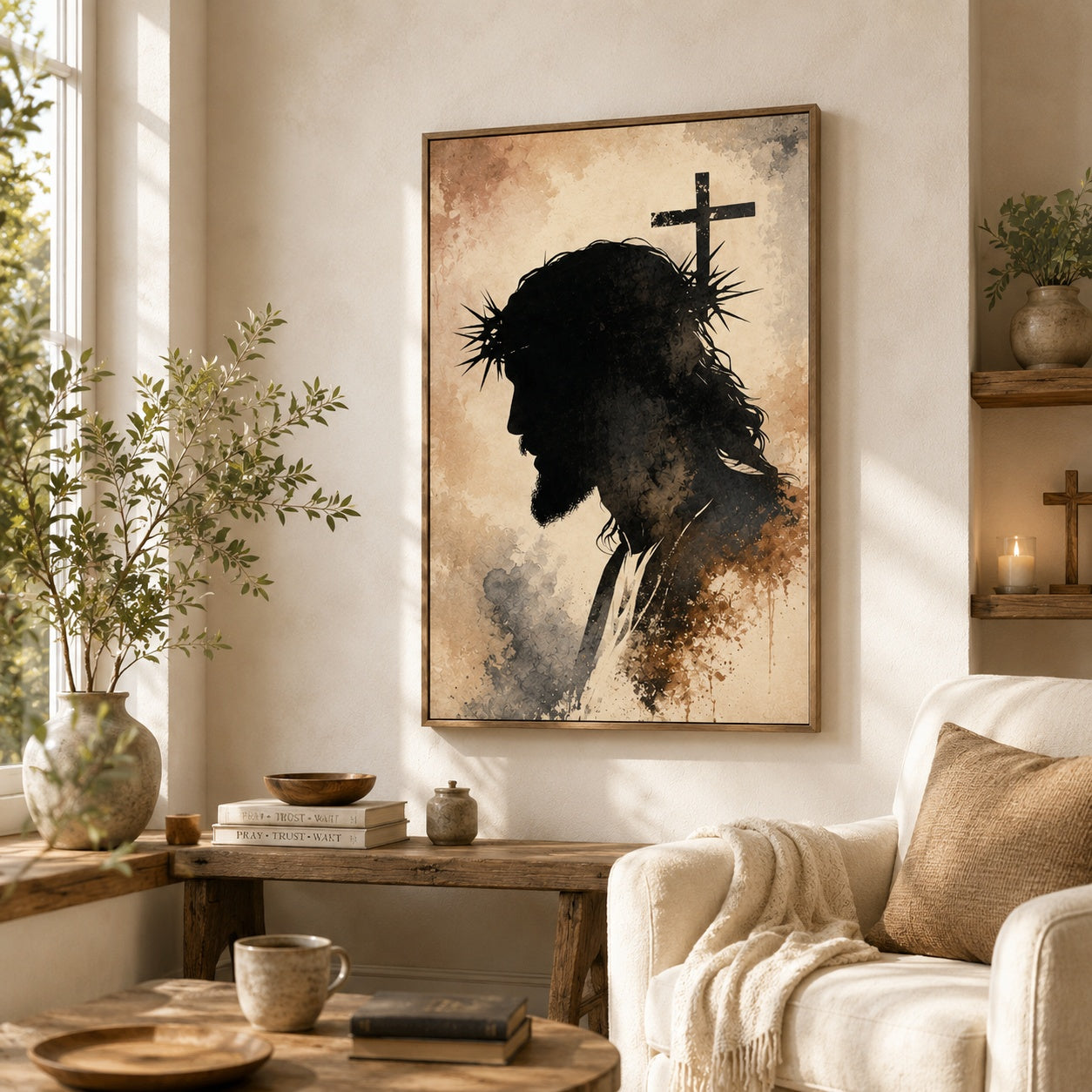 Jesus Crown of Thorns Poster, Crucifixion Religious Decor, Modern Catholic Wall Decor, Christian Religious Artwork for Prayer Room and Living Room PTSETA12