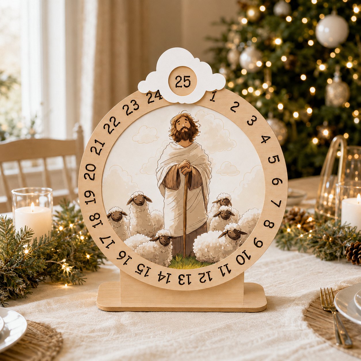 Wooden Jesus And Lamb Advent Calendar, Jesus Wooden Sign, Custom Tabletop Religious Gift, Spinning Wheel Christmas Countdown Decor, Religious Christian Christmas Gift XMASW09