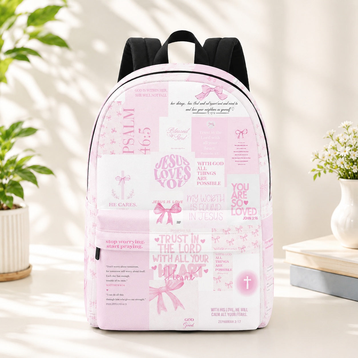 Pink Christian Backpack, Faith Over Fear Bible Verse School Bag, Bible Verse Backpack, Religious Book Bag, Back to School Christian Gift, Kid Adult Travel Backpack PLAF86