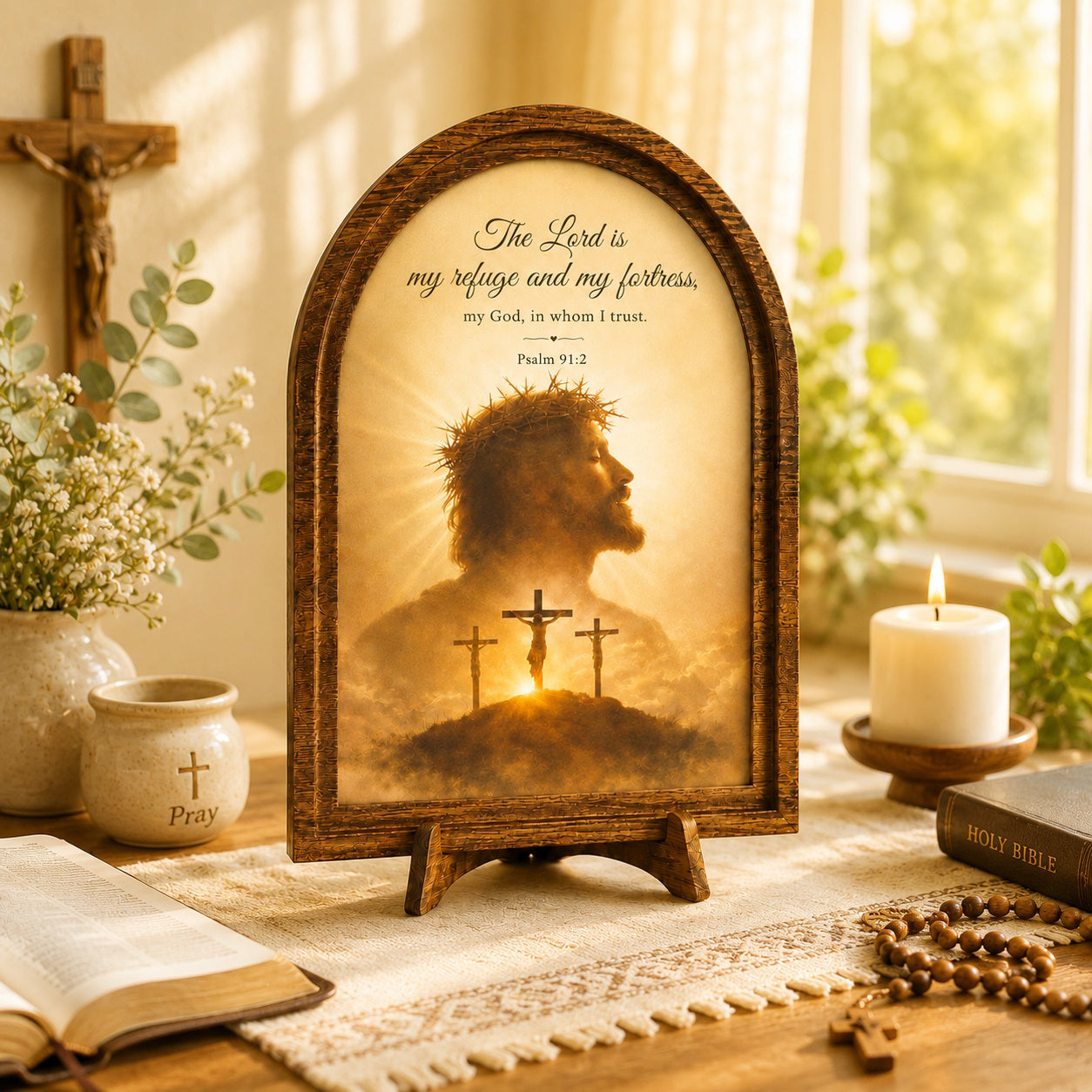 The Lord Is My Refuge - Psalm 91:2 Wood Framed Sign, Jesus on the Cross, Religious Tabletop Decor WS14