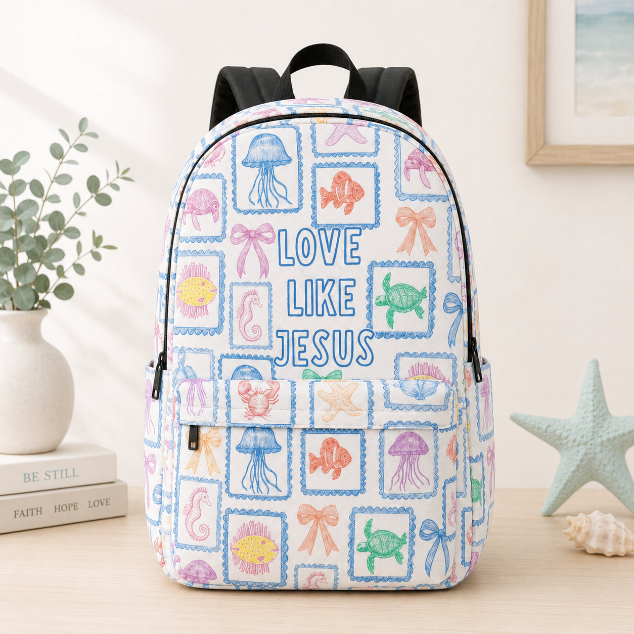 Love Like Jesus Backpack, Custom Beach Pattern Christian Aesthetic Backpack, Christian Faith Bag, Laptop Bag, Back To School Backpack PLAF76