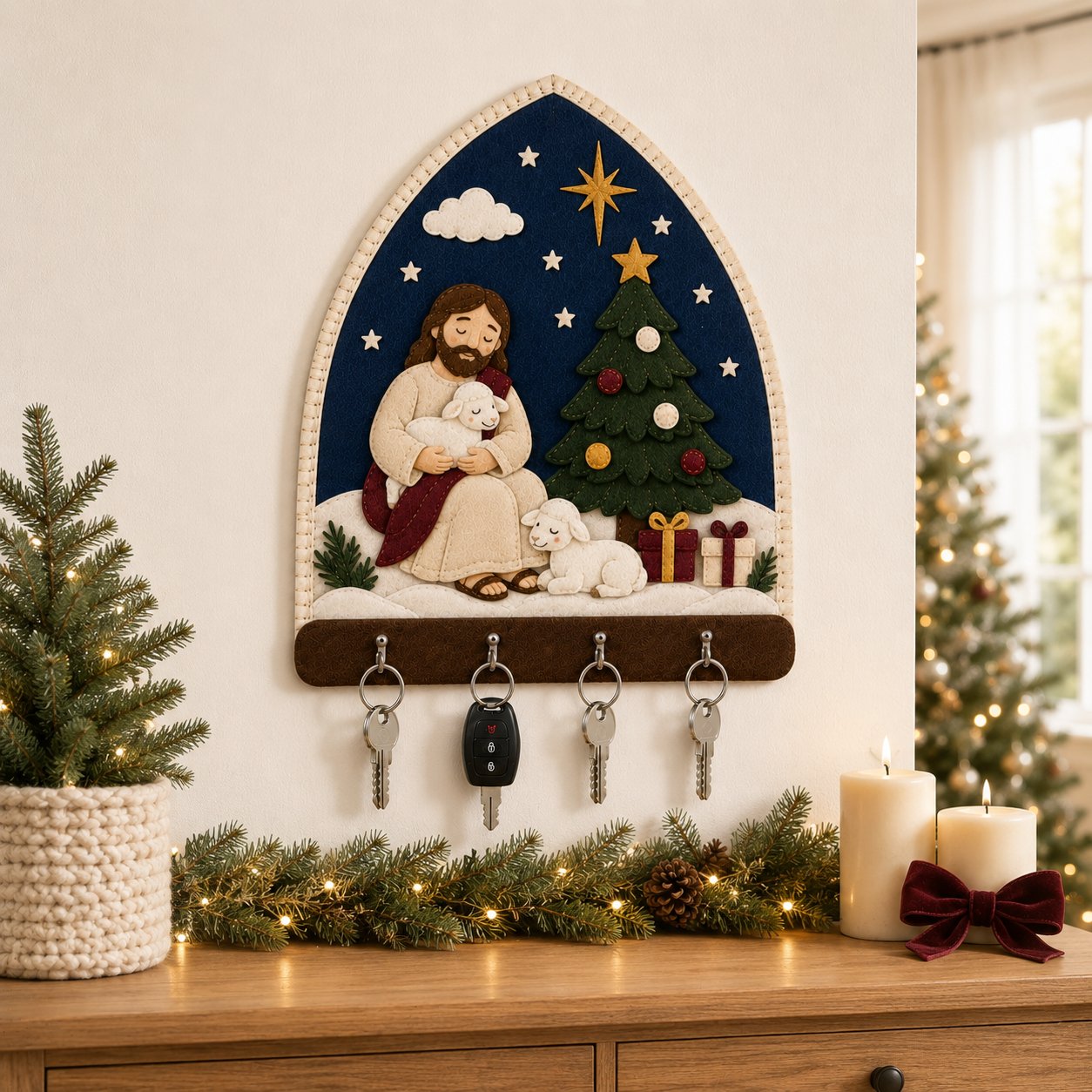 Jesus with Lamb Christmas Wall Felt Key Holder, Christian Holiday Wall Key Rack, Handmade Catholic Home Decor, Religious Housewarming Gift, Felt Custom FELTHD12