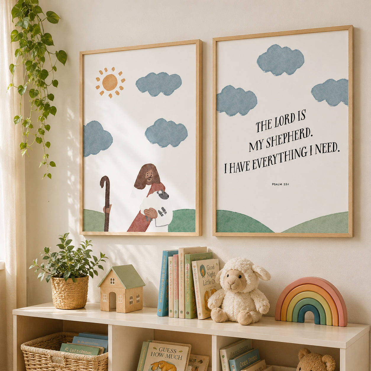 Christian Wall Art Set of 2, Jesus Good Shepherd and Psalm 23:1 Posters, The Lord Is My Shepherd Prints, Faith-Based Home Decor PTSET08