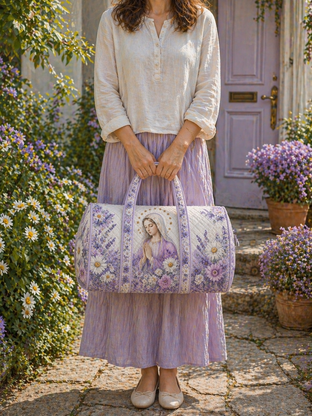 Purple Virgin Mary Quilted Duffle Bag, Virgin Mary With Daisy Weekender Bag, Floral Duffle Bag, Jesus With Sheep Travel Overnight Bag, Religious Quilted Bag Gift QDB13