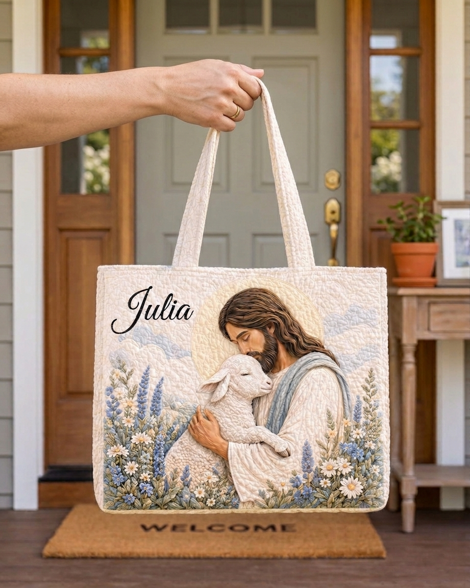 Personalized Jesus Lamb Quilted Tote Bag, Custom Name Christian Good Shepherd Floral Shoulder Bag, Jesus Holding Lamb Quilt Tote Bag, Christian Good Shepherd Bag QTTB13