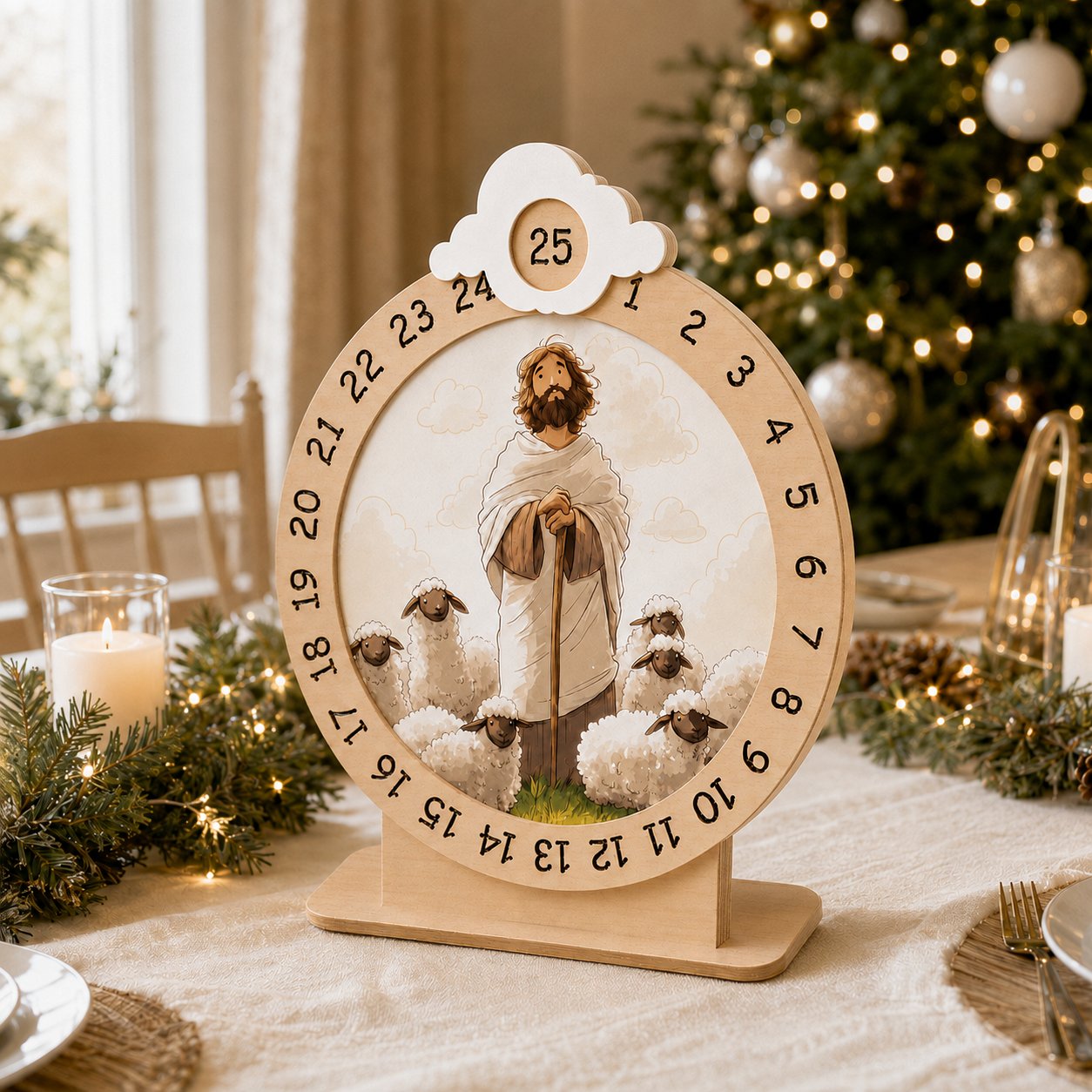 Wooden Jesus And Lamb Advent Calendar, Jesus Wooden Sign, Custom Tabletop Religious Gift, Spinning Wheel Christmas Countdown Decor, Religious Christian Christmas Gift XMASW09