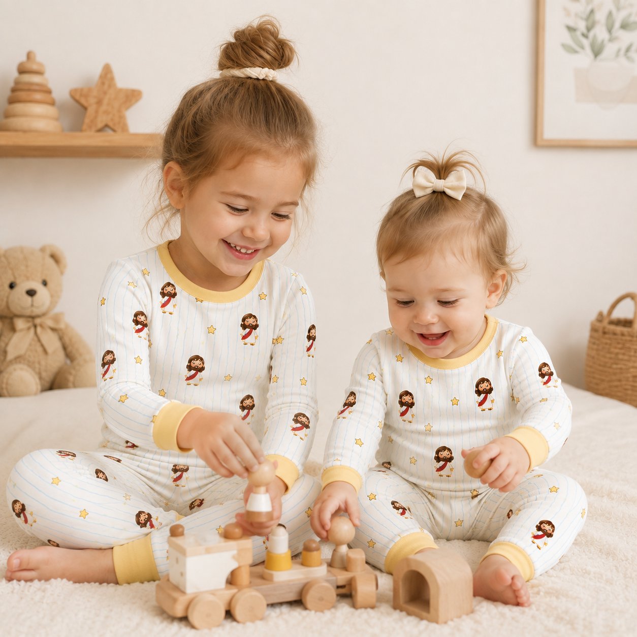 Jesus and Stars Bamboo Baby Kids Pajamas Set, Christian Toddler PJs, Religious Sleepwear, Faith Based Gift for Kids BBPJSS11