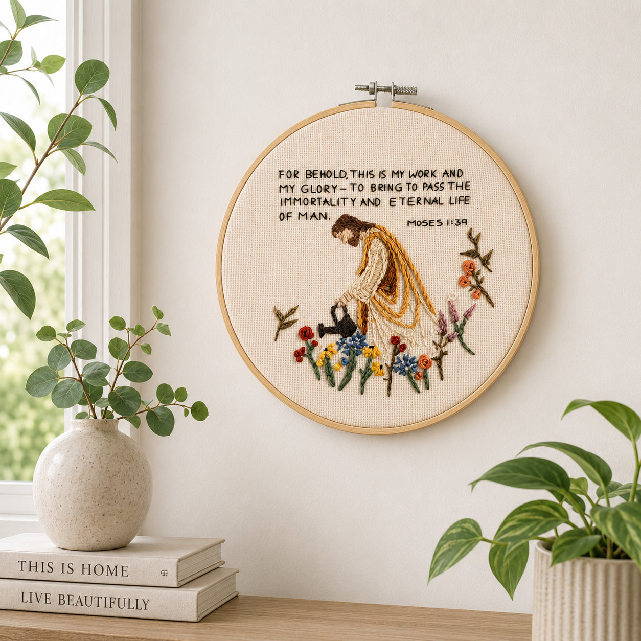 Moses 1:39 Scripture Embroidery Hoop Art, Handmade Jesus Watering Flowers Wall Decor, Christian Faith Gift, Religious Needlework Hoop EH09