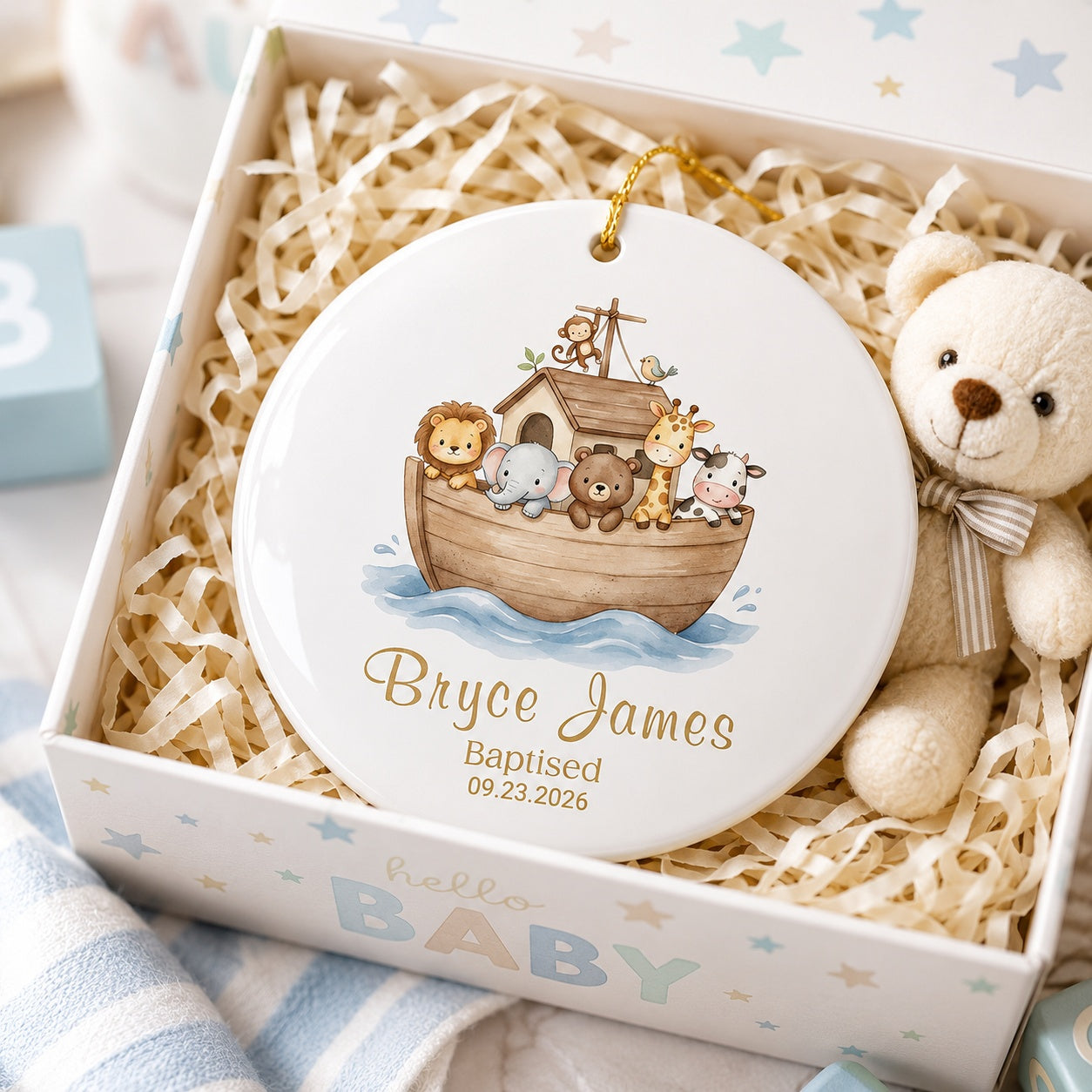 Personalized Noah's Ark Baptism Ceramic Ornament, Custom Baby Baptism Keepsake, Christian Christening Gift, Name & Date Nursery Decor CRMO13