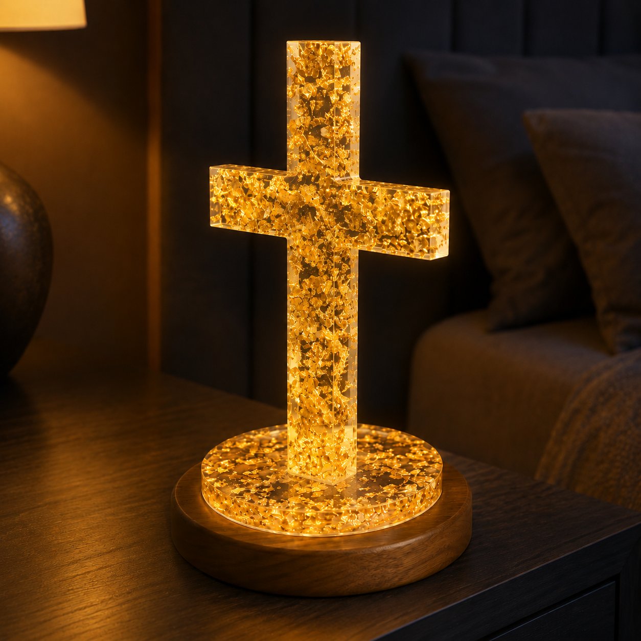 Gold Cross Epoxy Lamp, Christian Cross LED Night Light, Faith-Based Religious Home Decor, Catholic Prayer Room Gift EPOXY14