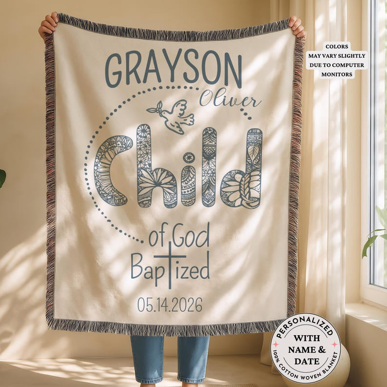 Personalized Baptism Woven Baby Blanket, Child of God Christian Gift, Custom Cotton Name Christening Throw, Heirloom Keepsake WBLAF13