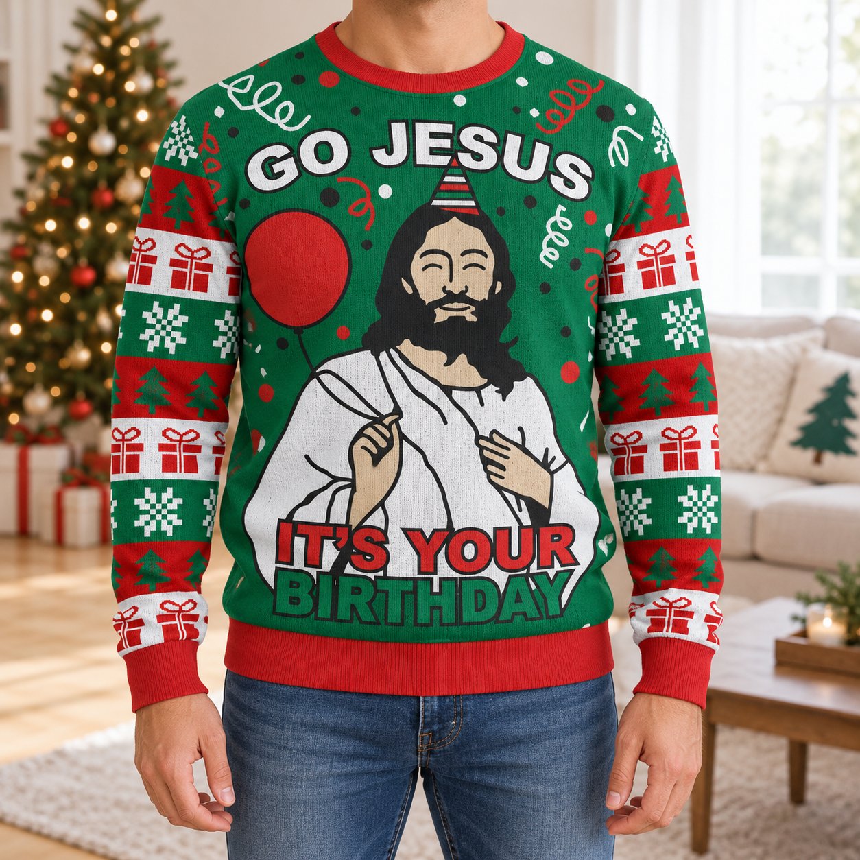 Go Jesus It’s Your Birthday Ugly Christmas Sweater, Funny Christian Holiday Sweatshirt, Religious Xmas Gift XMASUS13