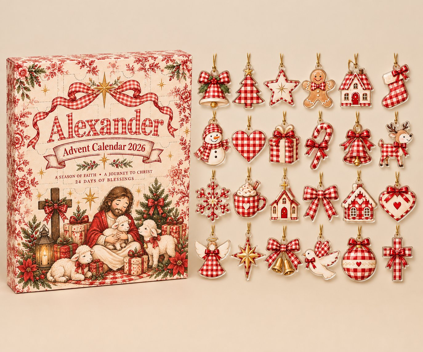 Personalized Gingham Christian Advent Calendar 2026, Jesus Family Christmas Advent Calendar, Faith Based Holiday Countdown, 24 Days Christmas Tradition, Religious Gift for Kids Family ACG13
