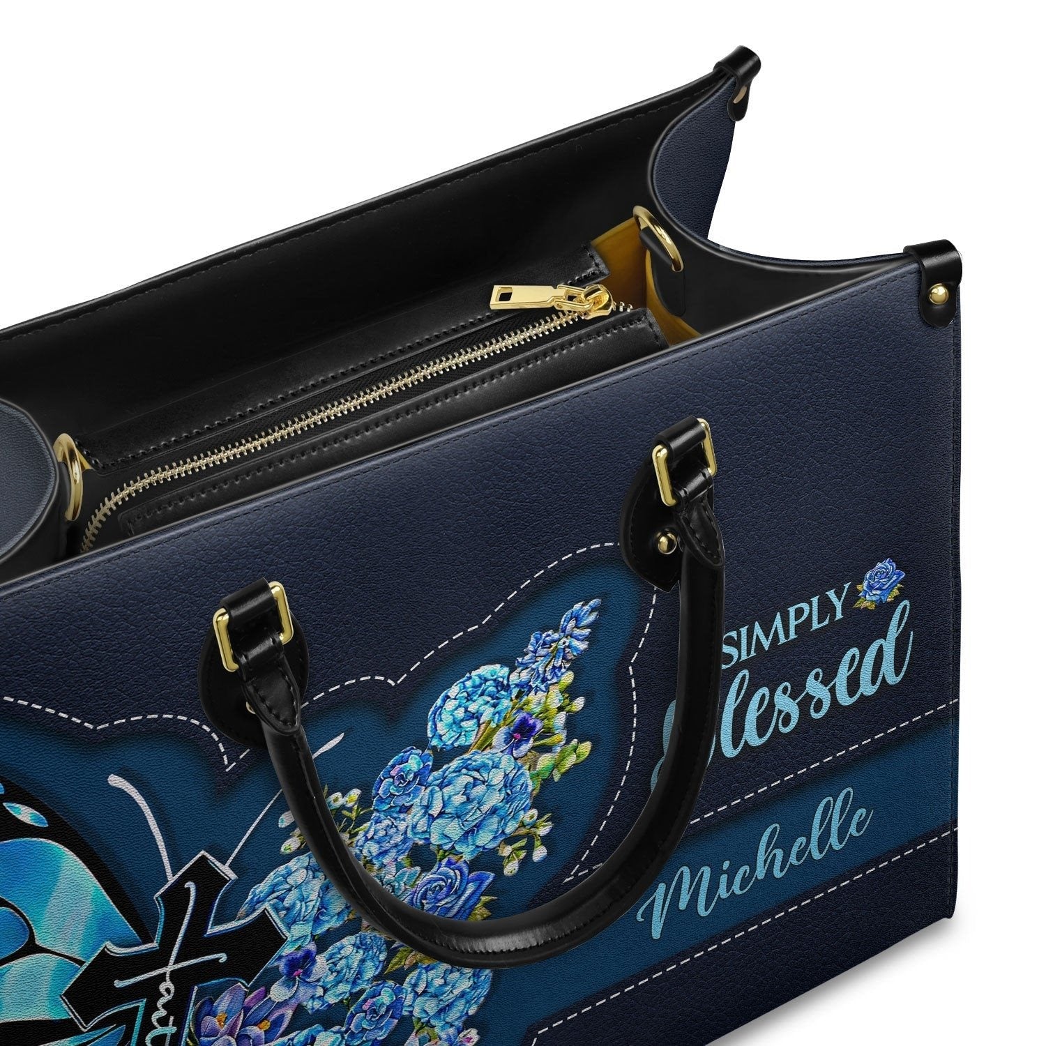 Simply Blessed Blue Butterfly Flower Leather Bag, Custom Name Bags, Jesus christian Bags