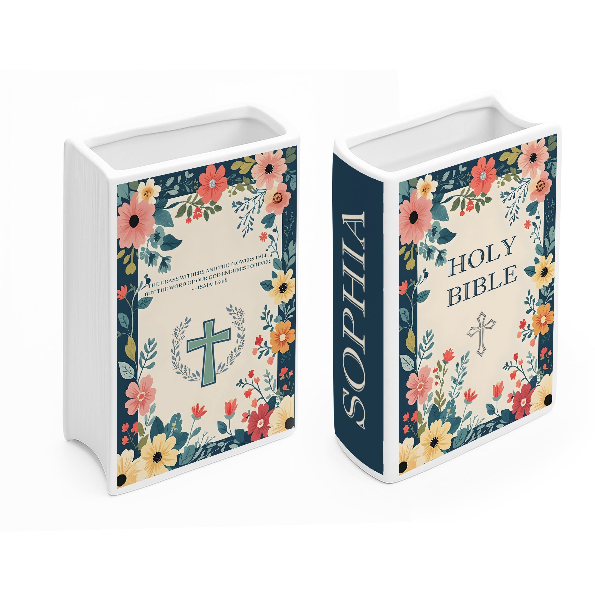 Personalized Holy Bible Book Vase for Women, Pastel Floral Ceramic Christian Home Decor with Name, Bible Verse Book Shaped Flower Vase, Mother's Day Gift CBLAF14