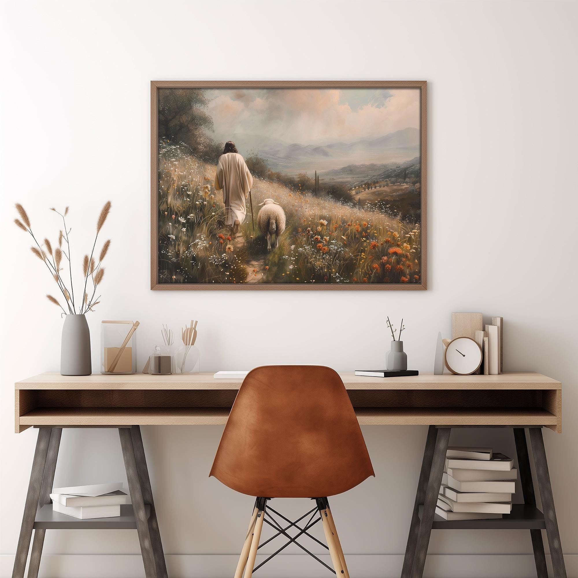 Jesus Leaves the 99 Sheep Poster, Jesus Landscape Wall Art, Christian Landscape Art, Bible Art Poster, Jesus and lamb Wall Art, Christian Poster