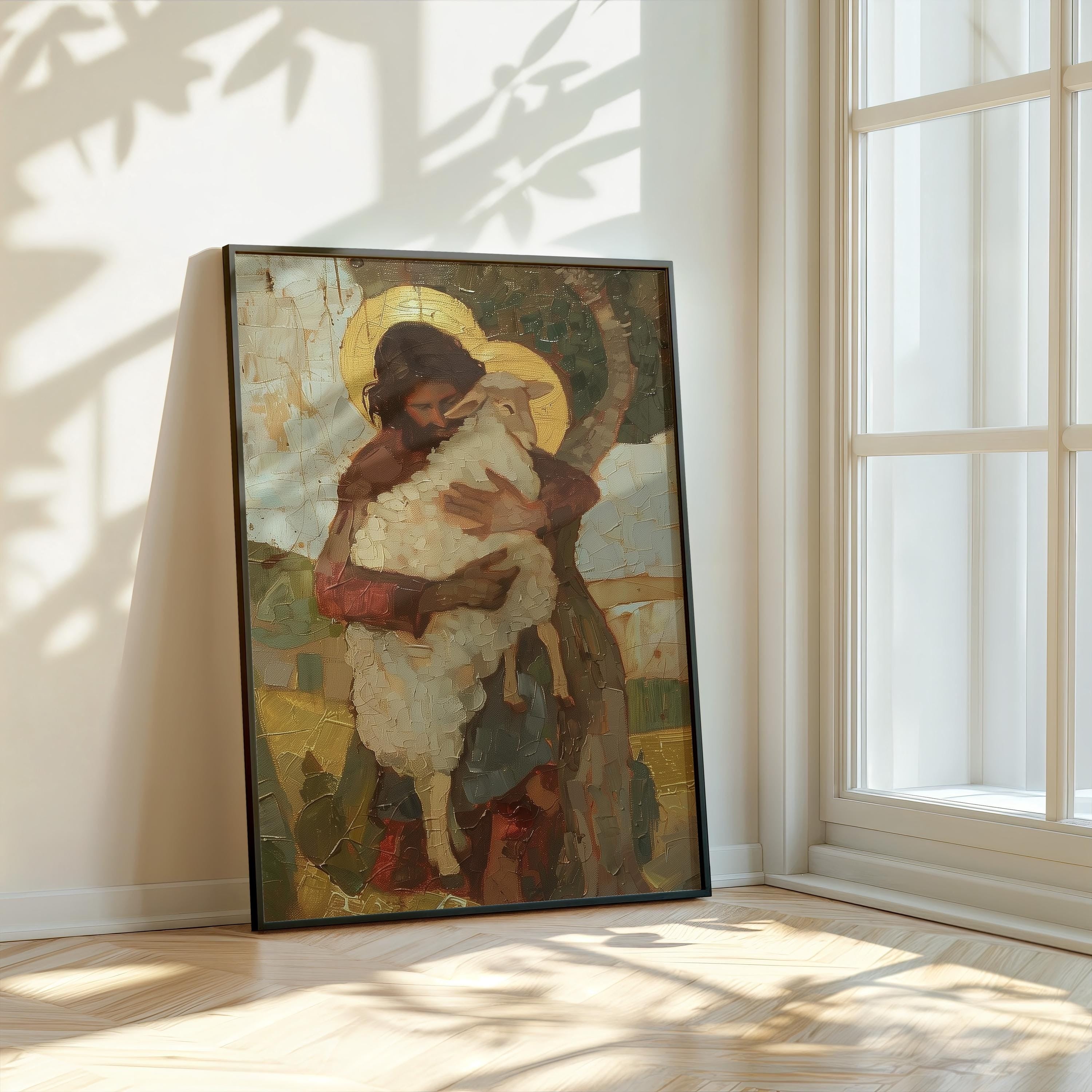 Jesus Holding Lost Sheep Poster, Christian Wall Art, The Good Shepherd Print, Biblical Painting, Religious Home Decor, Light and Faith Art