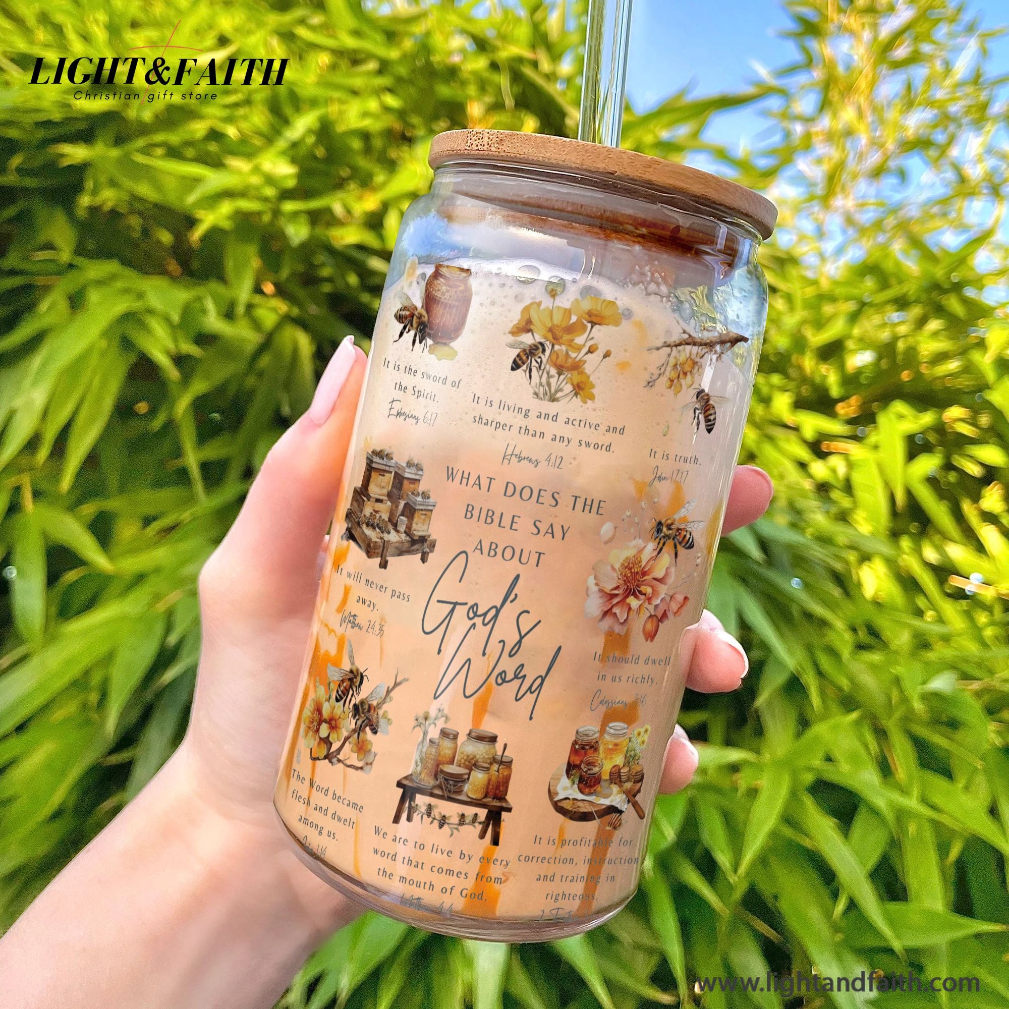 Christian Glass Can with Bamboo Lid and Straw, What the Bible Says About God’s Word Cup, Scripture Iced Coffee Tumbler Gift GCLAF40