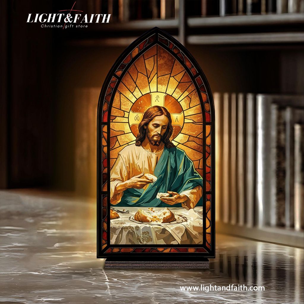 Christian Jesus Book Nook Decor, Last Supper LED Light, Stained Glass Window Style, Religious Home Altar Decoration, Faith Gift for Easter or Christmas BNLAF14