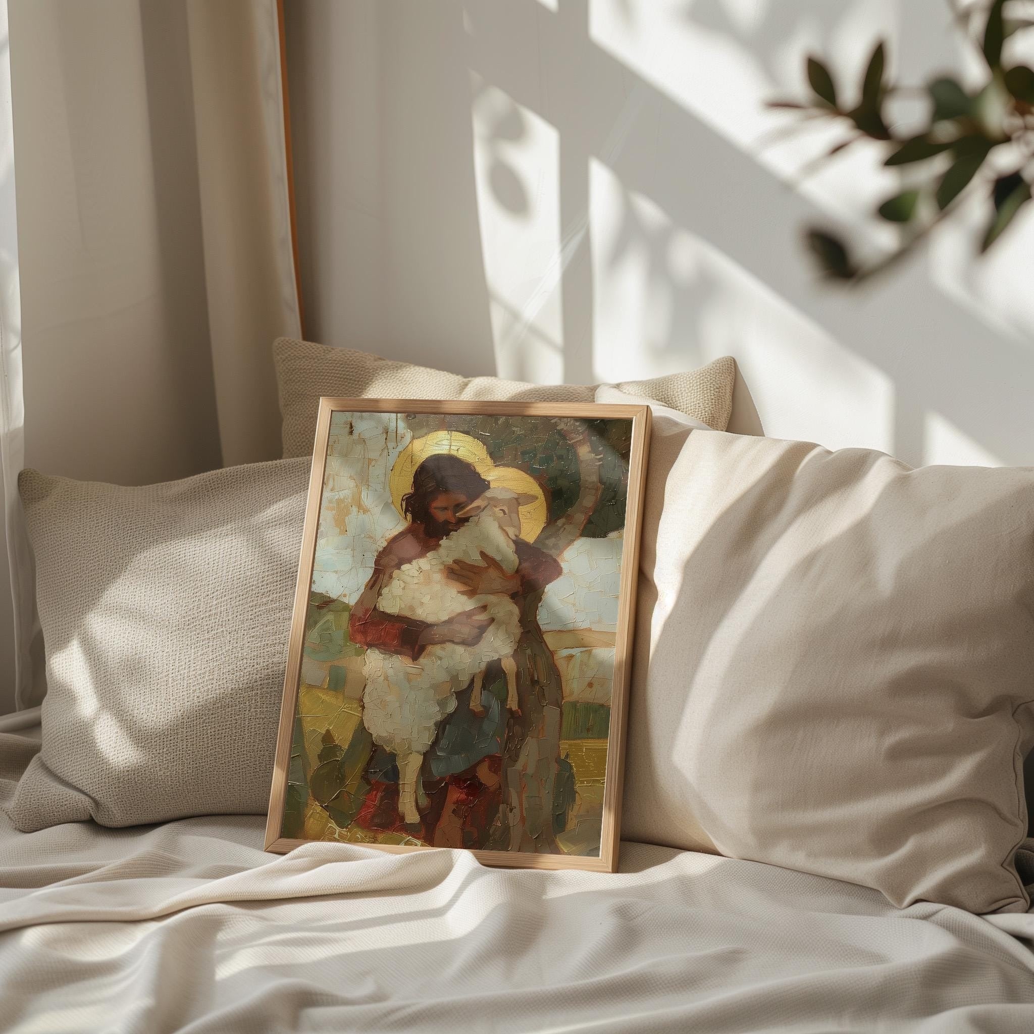 Jesus Holding Lost Sheep Poster, Christian Wall Art, The Good Shepherd Print, Biblical Painting, Religious Home Decor, Light and Faith Art