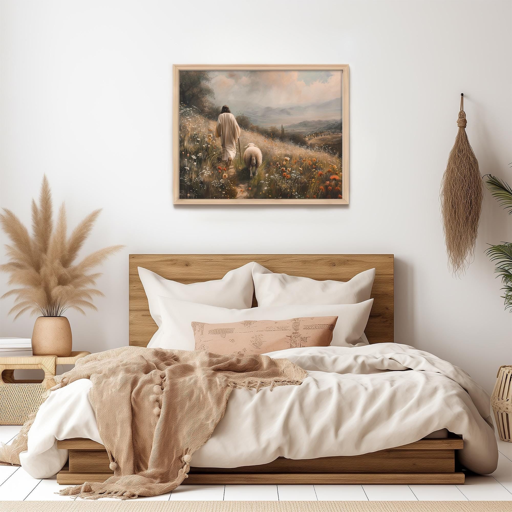 Jesus Leaves the 99 Sheep Poster, Jesus Landscape Wall Art, Christian Landscape Art, Bible Art Poster, Jesus and lamb Wall Art, Christian Poster