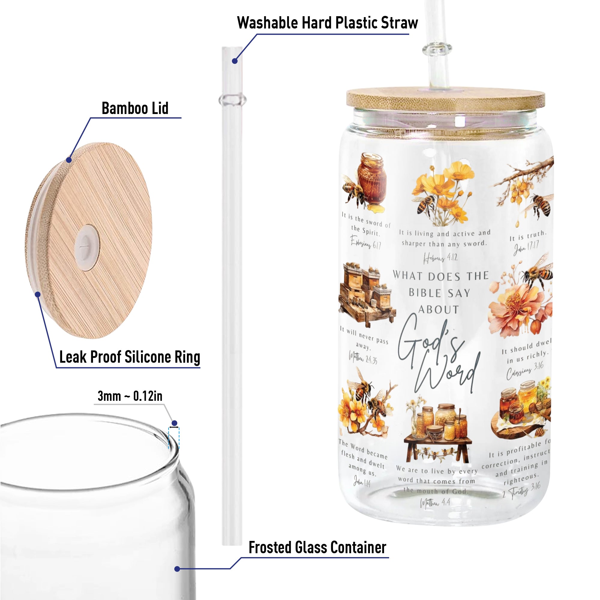 Christian Glass Can with Bamboo Lid and Straw, What the Bible Says About God’s Word Cup, Scripture Iced Coffee Tumbler Gift GCLAF40