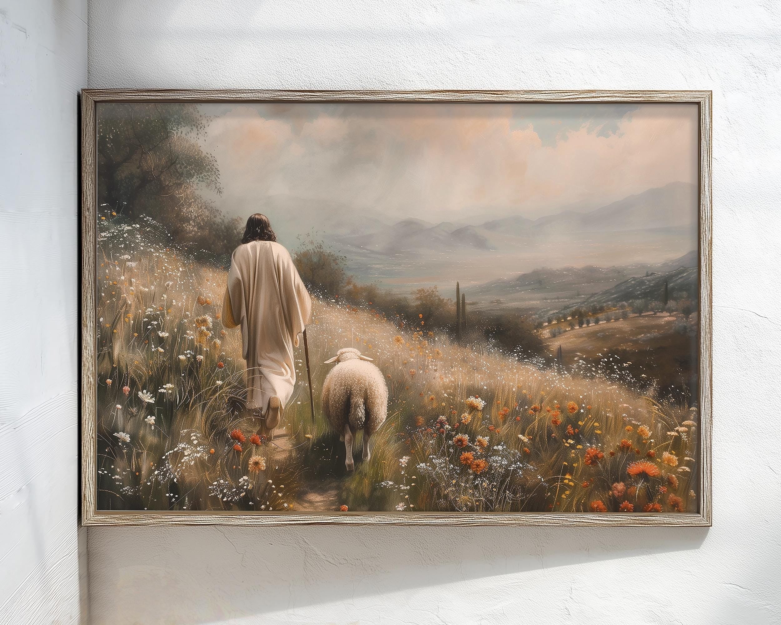 Jesus Leaves the 99 Sheep Poster, Jesus Landscape Wall Art, Christian Landscape Art, Bible Art Poster, Jesus and lamb Wall Art, Christian Poster