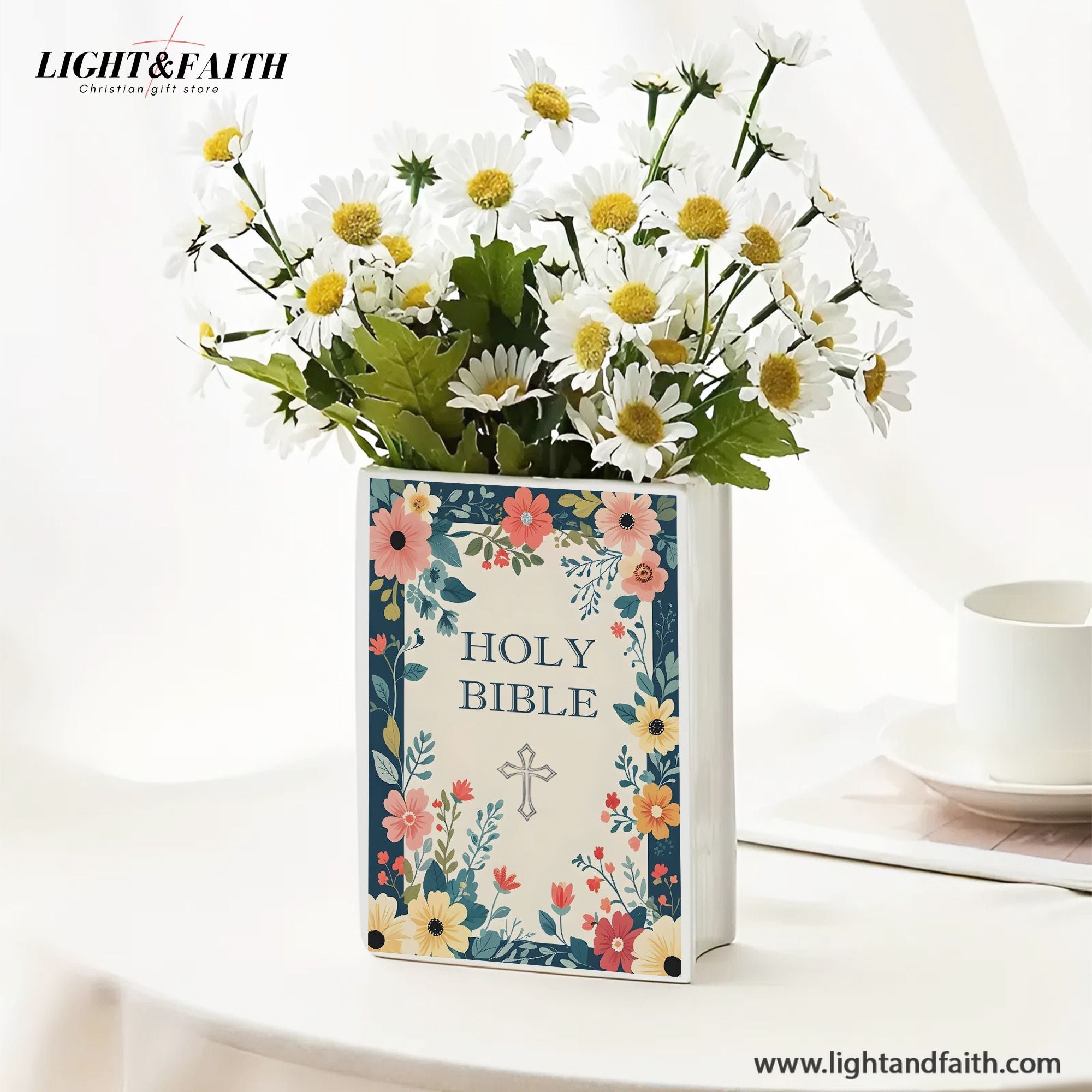 Personalized Holy Bible Book Vase for Women, Pastel Floral Ceramic Christian Home Decor with Name, Bible Verse Book Shaped Flower Vase, Mother's Day Gift CBLAF14