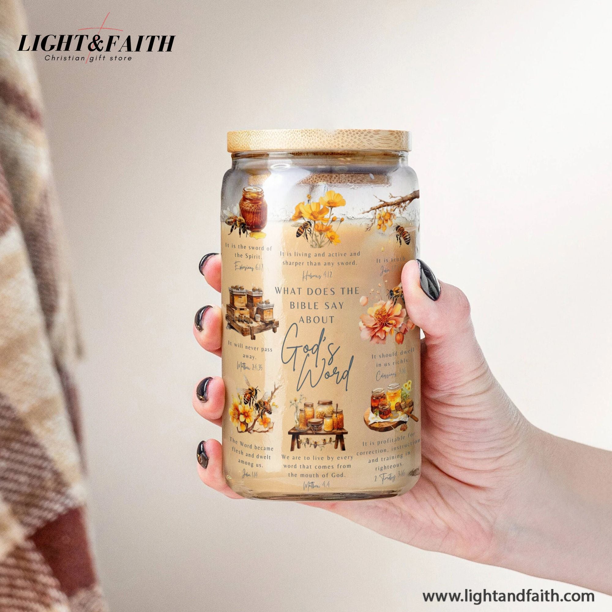 Christian Glass Can with Bamboo Lid and Straw, What the Bible Says About God’s Word Cup, Scripture Iced Coffee Tumbler Gift GCLAF40
