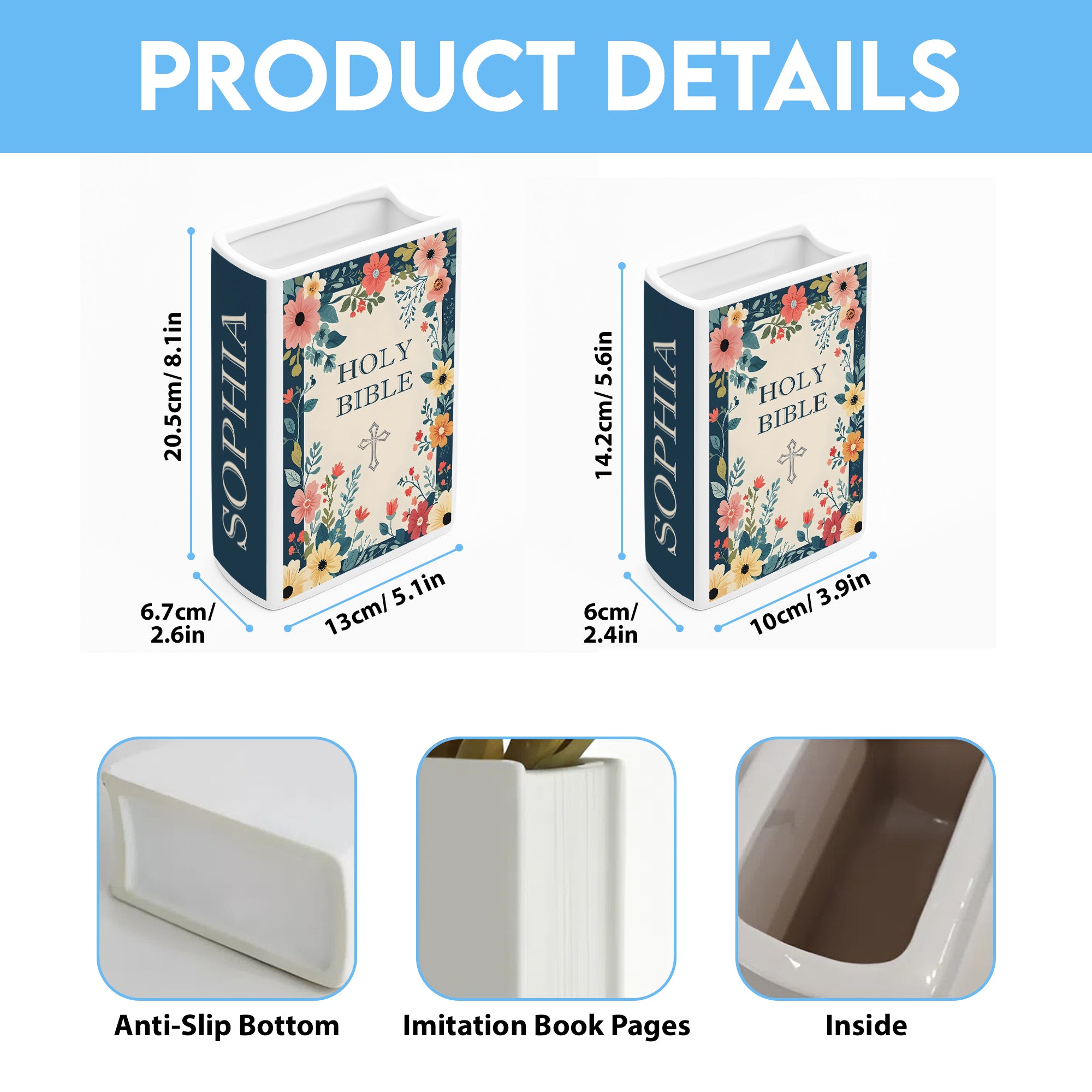 Personalized Holy Bible Book Vase for Women, Pastel Floral Ceramic Christian Home Decor with Name, Bible Verse Book Shaped Flower Vase, Mother's Day Gift CBLAF14