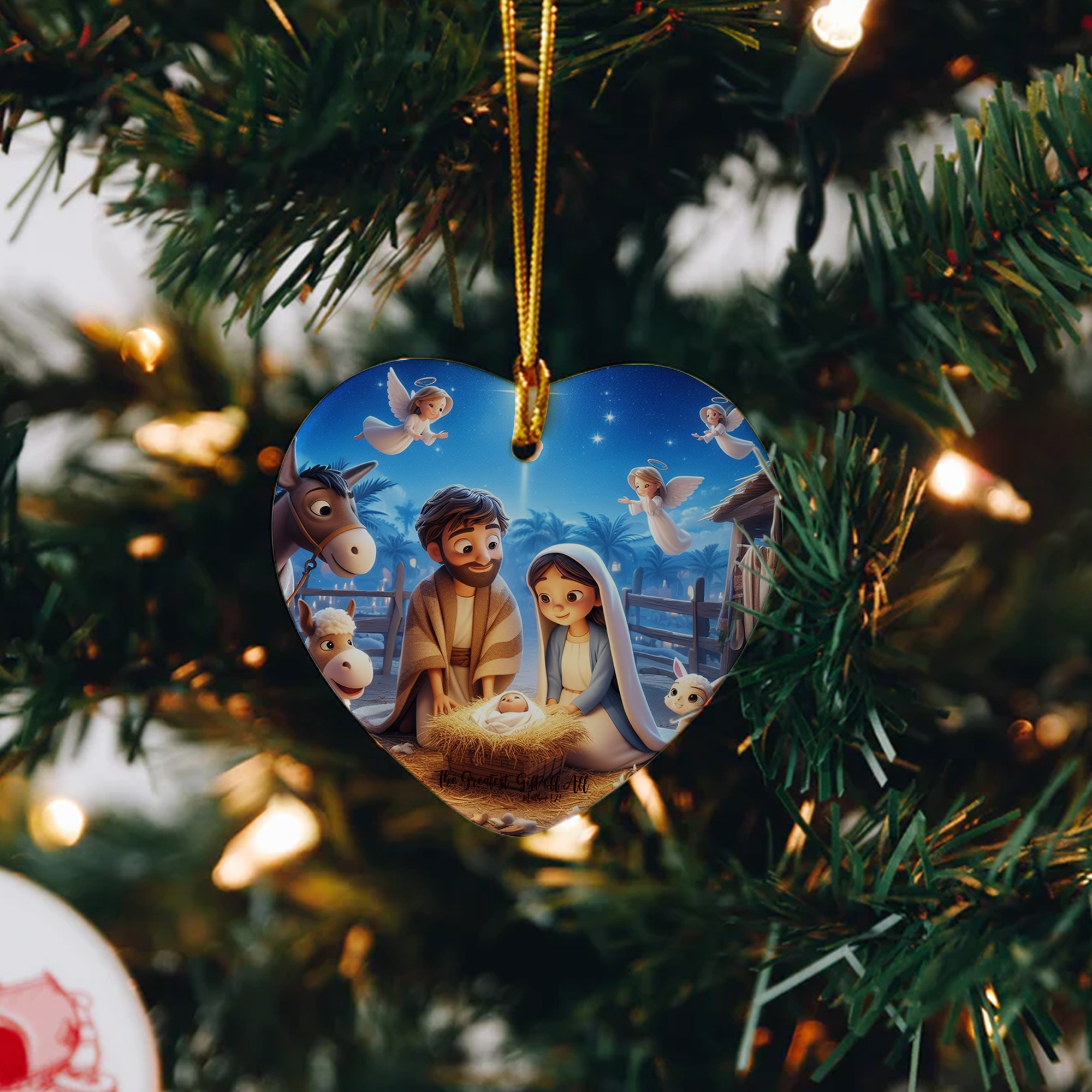 Cute Nativity Scene Christmas Ornament, Baby Jesus with Mary and Joseph, Christian Holiday Decoration, The Greatest Gift of All Matthew 1:21 DCLAF39