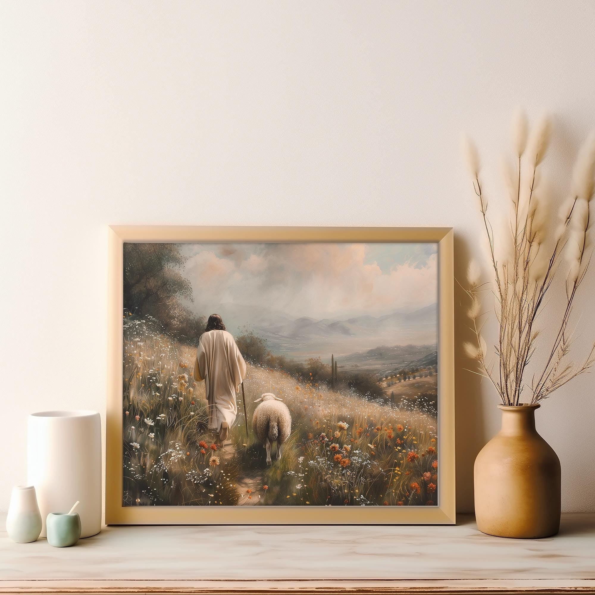 Jesus Leaves the 99 Sheep Poster, Jesus Landscape Wall Art, Christian Landscape Art, Bible Art Poster, Jesus and lamb Wall Art, Christian Poster