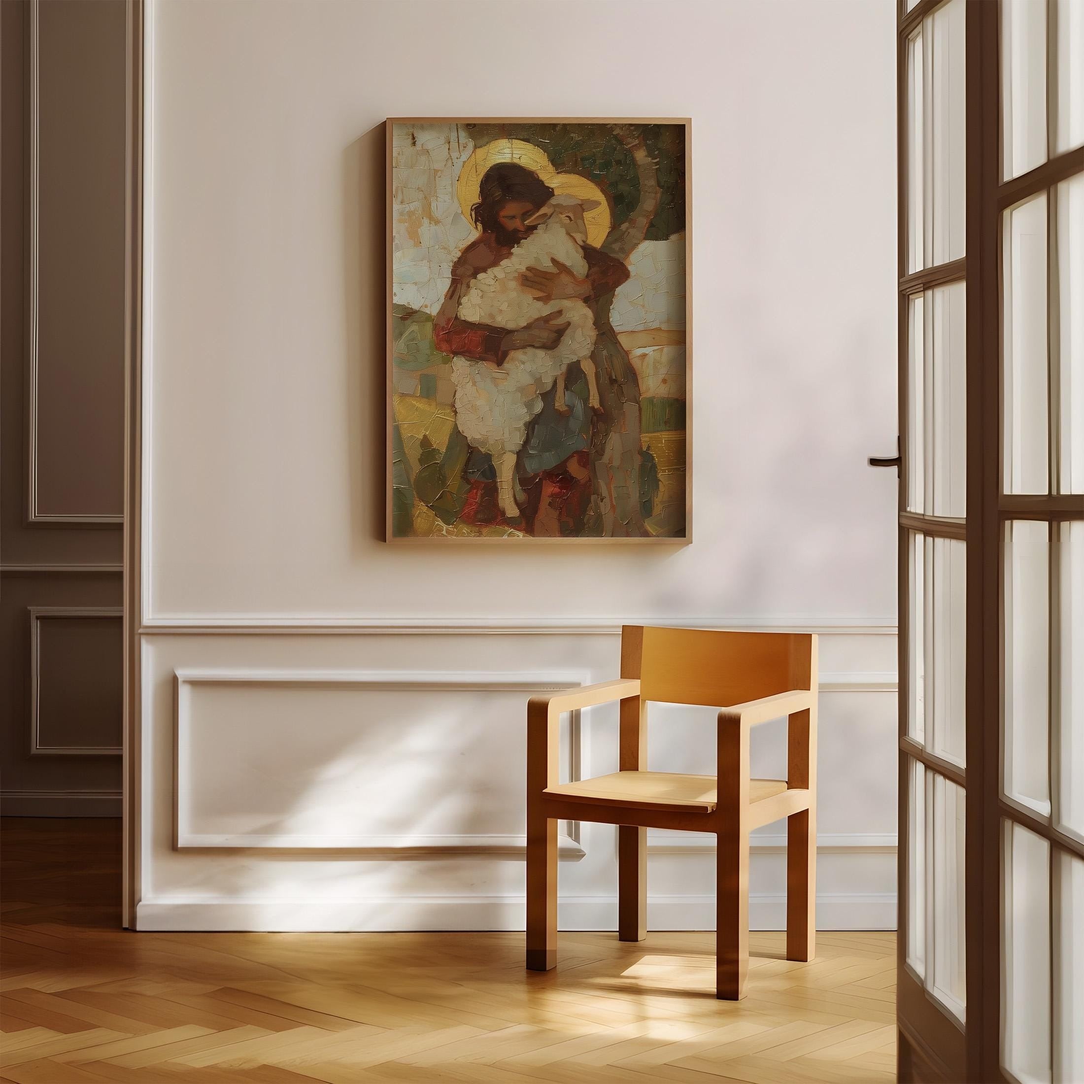 Jesus Holding Lost Sheep Poster, Christian Wall Art, The Good Shepherd Print, Biblical Painting, Religious Home Decor, Light and Faith Art