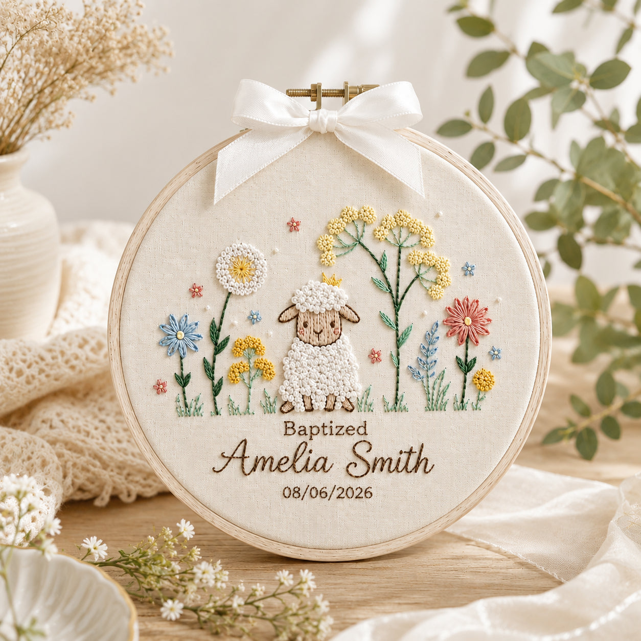 Personalized Hand Embroidered Baptism Hoop Art, Lamb and Wildflower Hoop, Christian Faith Keepsake, Christian Hoop Art, Nursery Gift EHA42