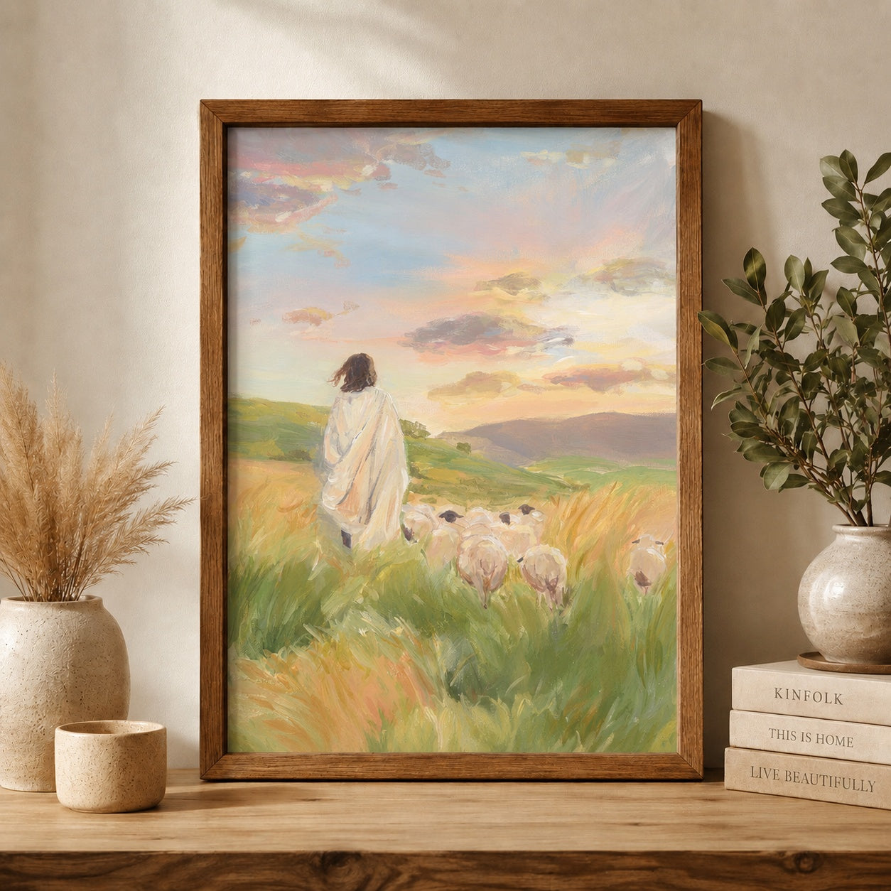 Jesus Good Shepherd Poster, Christian Wall Art Print, Shepherd with Sheep Religious Decor, Bible Inspired Faith Gift, Pastoral Landscape Art PTS14
