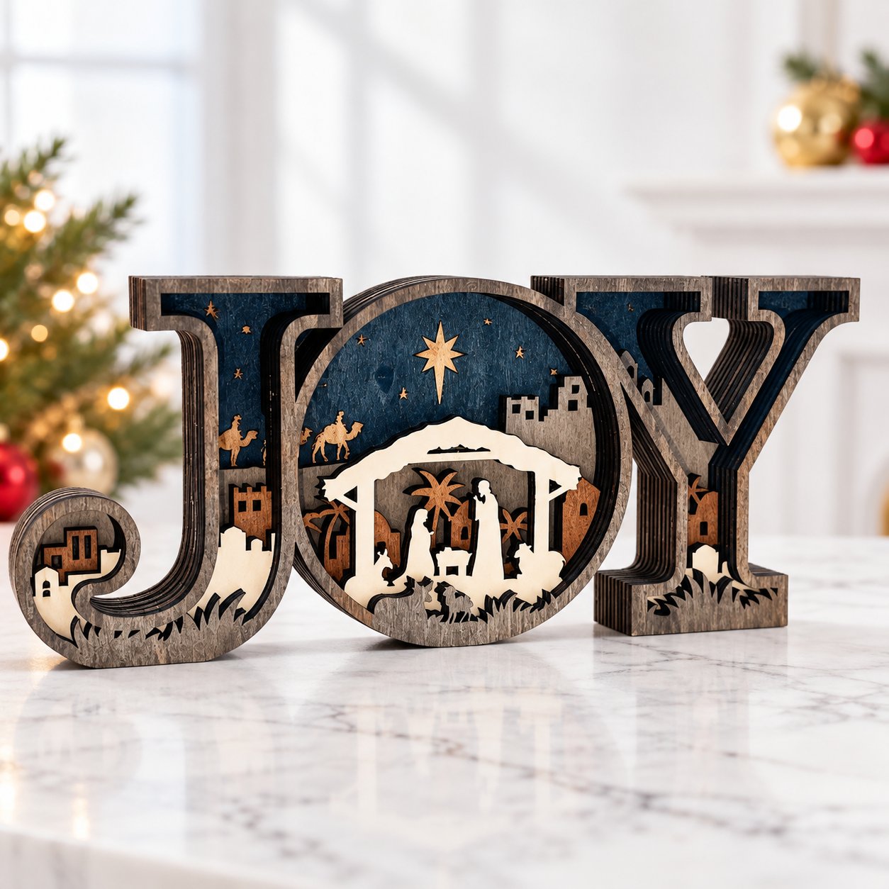 JOY Christmas Wooden Sign, Christian Nativity Wooden Block Decor, Nativity Scene Holiday Decor, Jesus Birth Religious Home Decoration, Christian Christmas Shelf Sitter Gift WSXM10