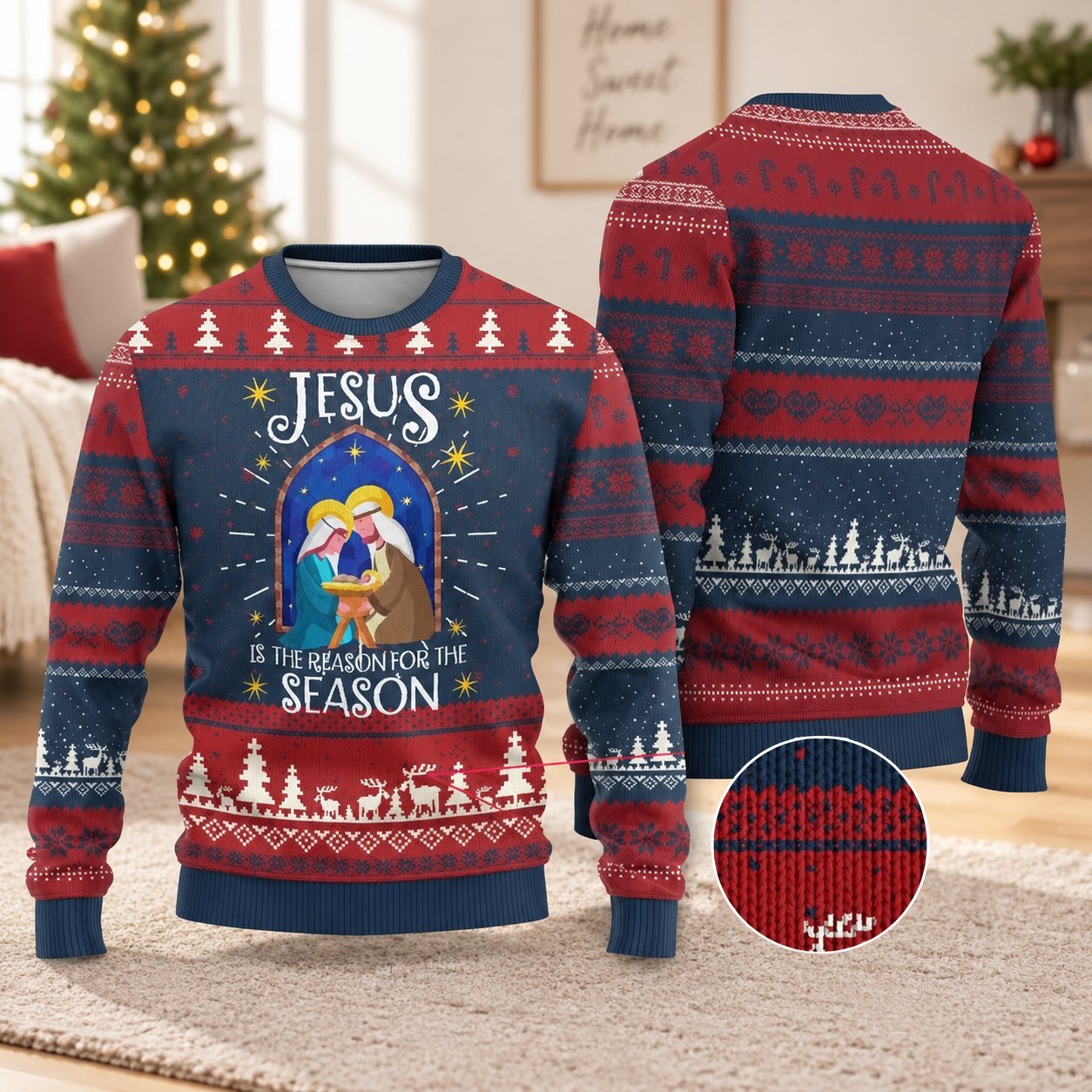 Jesus Is the Reason for the Season Ugly Christmas Sweater, Christian Holiday Sweatshirt, Faith Xmas Gift XMASUS14