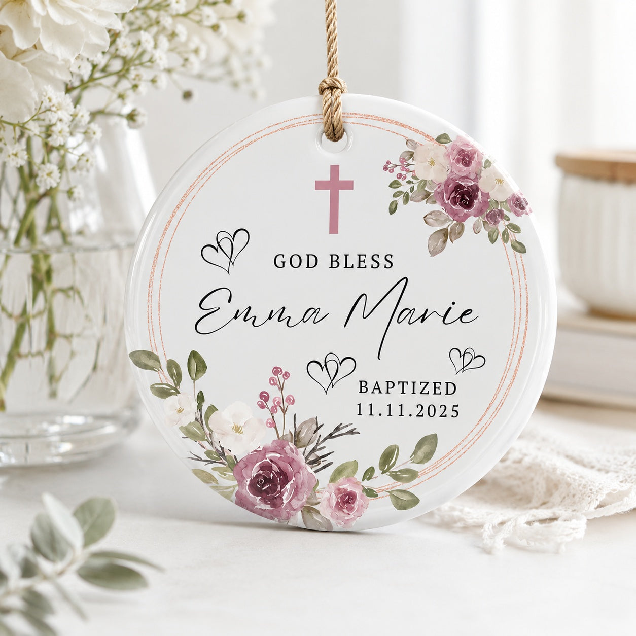 Personalized Floral Baptism Ceramic Ornament, Custom Christian Cross Ornament, Baby Girl Christening Keepsake, Name and Date Religious Gift CRMO14